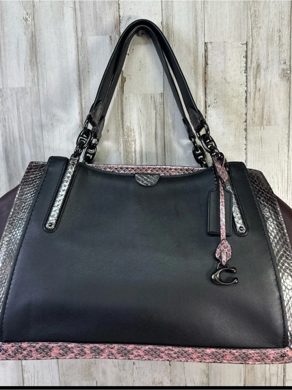 Coach Dreamer 36 Black Leather Tote with Pink Snake-Trim